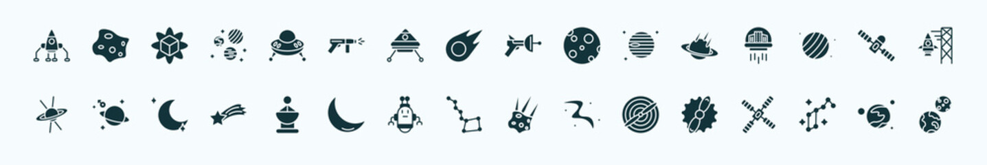 flat filled astronomy icons set. glyph icons such as space lander, ufo flying, space gun, space collision, module, astrology, radar pointing up, big dipper, airscrew, lyra constellation, mars with © Farahim