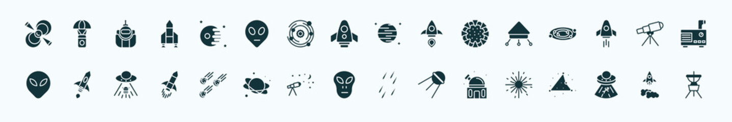 flat filled astronomy icons set. glyph icons such as pulsar, death star, neptune with satellite, lander, telescope pointing up, space ship, meteorites, little extraterrestial, planetarium,