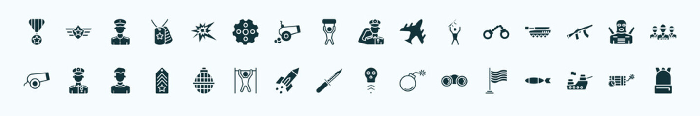 flat filled army and war icons set. glyph icons such as militaty medal, explosion, salute, pair of handcuffs, guerrilla, general, whizbang with rong, military knife, binoculars, ship, time bomb with