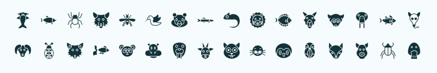 flat filled animals icons set. glyph icons such as hummerhead, mosquito, chameleon, camel, zander, ladybug, panda bear, goat, penguin, pig, beetle icons.