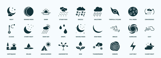 flat filled weather icons set. glyph icons such as night, steady rain, tropical cyclone, celsius, drops, breeze, earthquake, anemometer, isobars, light bolt icons. - obrazy, fototapety, plakaty