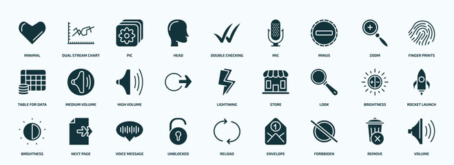 flat filled user interface icons set. glyph icons such as minimal, head, minus, table for data, , look, birghtness, unblocked, forbbiden, remove icons.
