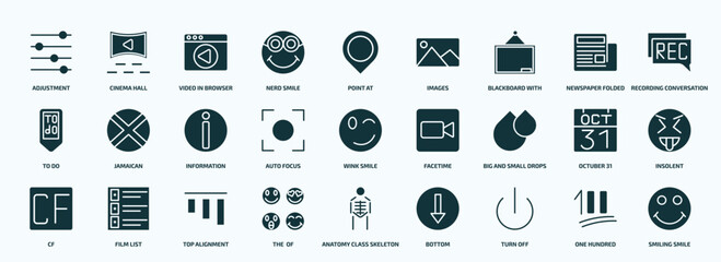 flat filled user interface icons set. glyph icons such as adjustment, nerd smile, blackboard with, to do, auto focus, big and small drops, cf, the of, turn off, one hundred icons.