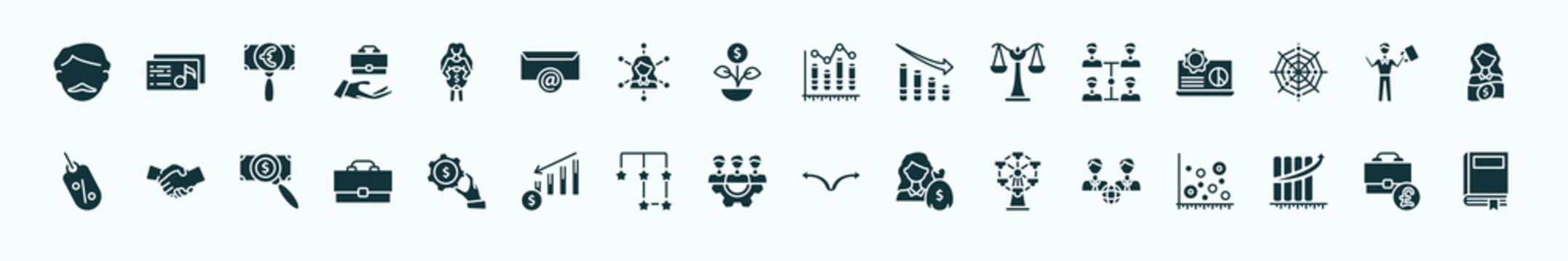 flat filled business icons set. glyph icons such as man with moustach, woman holding big coin, column chart, increase team work, man succesing, shaking hands, hand with money gear, work parteners,