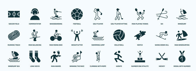 flat filled sports icons set. glyph icons such as soccer field, football, man playing tennis, running track, weightlifter, match, windsurf sea, winning the race, number one athlete, hockey icons.
