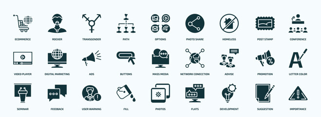 flat filled social media marketing icons set. glyph icons such as ecommerce, path, homeless, video player, buttons, advise, seminar, fill, development, suggestion icons.