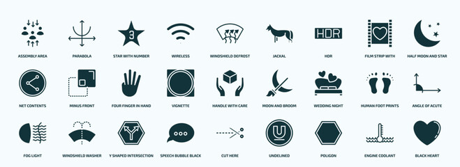 flat filled shapes icons set. glyph icons such as assembly area, wireless, hdr, net contents, vignette, wedding night, fog light, speech bubble black, poligon, engine coolant icons.