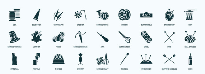 flat filled sew icons set. glyph icons such as coil, crochet, buttonhole, sewing thimble, sewing needles, wool, material, dummy, pincushion, knitting neddles icons.