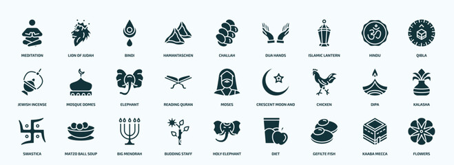 flat filled religion icons set. glyph icons such as meditation, hamantaschen, islamic lantern, jewish incense, reading quran, chicken, swastica, budding staff, gefilte fish, kaaba mecca icons.