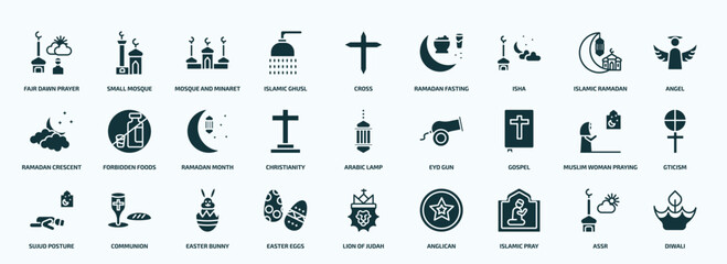 flat filled religion icons set. glyph icons such as fajr dawn prayer, islamic ghusl, isha, ramadan crescent moon, christianity, gospel, sujud posture, easter eggs, islamic pray, assr icons.