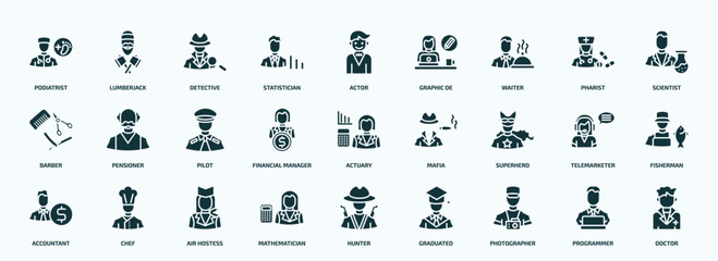 Naklejka premium flat filled professions icons set. glyph icons such as podiatrist, statistician, waiter, barber, financial manager, superhero, accountant, mathematician, photographer, programmer icons.