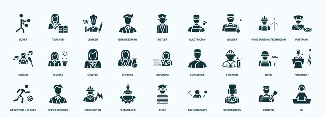 flat filled professions icons set. glyph icons such as boxer, businessman, welder, singer, chemist, fireman, basketball player, it manager, stewardess, painter icons.