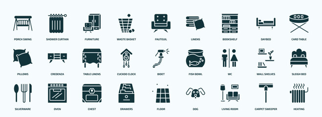 flat filled furniture & household icons set. glyph icons such as porch swing, waste basket, bookshelf, pillows, cuckoo clock, wc, silverware, drawers, living room, carpet sweeper icons.