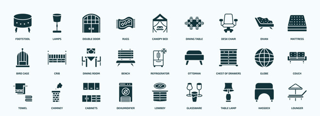 flat filled furniture & household icons set. glyph icons such as footstool, rugs, desk chair, bird cage, bench, chest of drawers, towel, dehumidifier, table lamp, hassock icons.