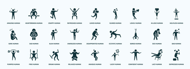 flat filled feelings icons set. glyph icons such as amazing human, refreshed human, lovely human, sore energized bored pumped relaxed confident lazy icons.