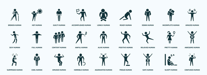 Fototapeta na wymiar flat filled feelings icons set. glyph icons such as broken human, accomplished human, down human, sexy awful relieved surprised horrible safe sleepy icons.
