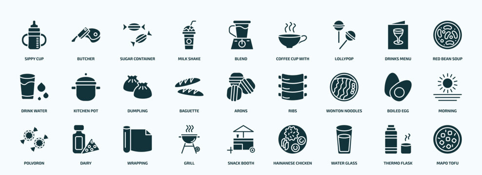 Flat Filled Food Icons Set. Glyph Icons Such As Sippy Cup, Milk Shake, Lollypop, Drink Water, Baguette, Wonton Noodles, Polvoron, Grill, Water Glass, Thermo Flask Icons.