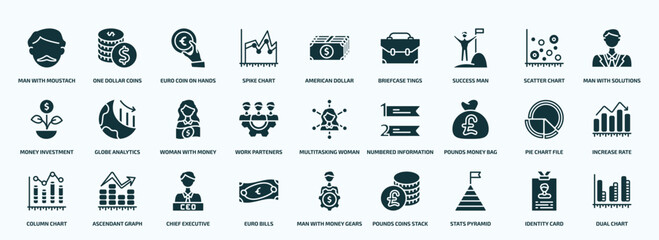 flat filled business icons set. glyph icons such as man with moustach, spike chart, success man, money investment, work parteners, pounds money bag, column chart, euro bills, stats pyramid, identity