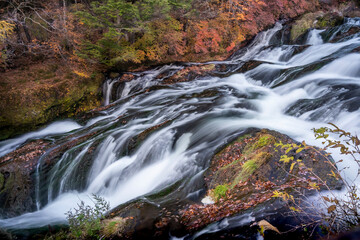 Colorful majestic waterfall in national park forest during autumn nature Photography.Landscape view national nature park Nikko Japan. Beautiful place