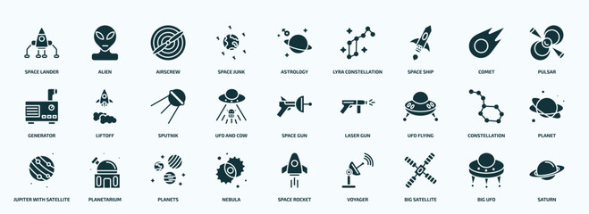 flat filled astronomy icons set. glyph icons such as space lander, space junk, space ship, generator, ufo and cow, ufo flying, jupiter with satellite, nebula, big satellite, big ufo icons.