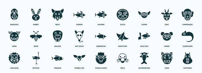 flat filled animals icons set. glyph icons such as deadlock, zander, lemur, boar, ant eater, gold fish, lion head, fennec fox, hummerhead, tiger icons.