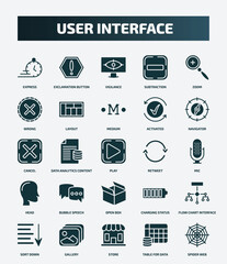 set of 25 filled user interface icons. flat filled icons such as express, exclamation button, zoom, medium, cancel, retweet, bubble speech, flow chart interface, store, table for data icons.