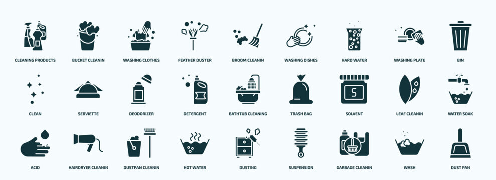 flat filled cleaning icons set. glyph icons such as cleaning products, feather duster, hard water, clean, detergent, solvent, acid, hot water, garbage cleanin, wash icons.