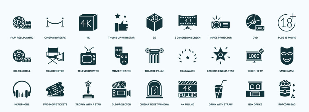 flat filled cinema icons set. glyph icons such as film reel playing, thumb up with star, image projector, big film roll, movie theatre, famous cinema star, headphone, old projector, drink with