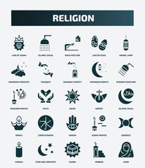 Naklejka premium set of 25 filled religion icons. flat filled icons such as lion of judah, islamic ghusl, arabic lamp, sadaqah charity, maghrib prayer, heresy, confucianism, goddess, kaaba, minbar icons.