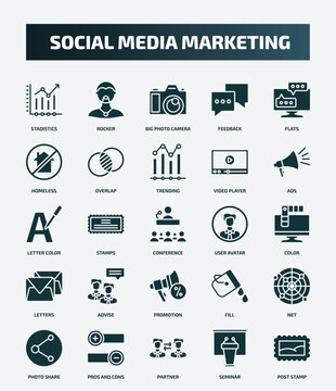 set of 25 filled social media marketing icons. flat filled icons such as stadistics, rocker, flats, trending, letter color, user avatar, advise, net, partner, seminar icons.