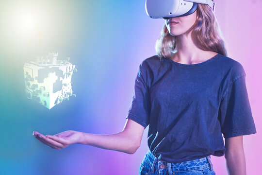 VR, metaverse or woman with hologram in hand for futuristic gaming, virtual reality or digital tech headset for 3d, ai or UX online. Cyber network overlay, gamer or girl for esports or creative space