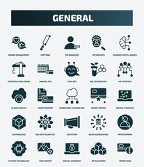 set of 25 filled general icons. flat filled icons such as brand engagement, fretsaw, business intelligence, chat bot, cloud service, credit rating, big data scientist, impeachment, digital economy,