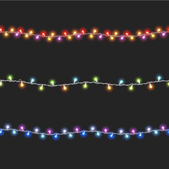 Fototapeta na wymiar Fairy light 3D set. Led Christmas garland seamless pattern. Realistic color design, isolated black background. Hanging golden decoration neon lamp for New Year Christmas, birthday. Vector illustration