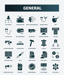 set of 25 filled general icons. flat filled icons such as hr planning, ar presentation, gmo, eco battery, in-game advertising, filament, chain, crypto-exchange, bioengineering, active sensor icons.