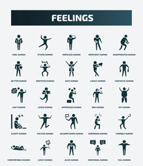 set of 25 filled feelings icons. flat filled icons such as cool human, stupid human, disappointed human, safe lost bad excited terrible alive emotional icons.