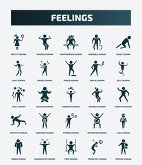 set of 25 filled feelings icons. flat filled icons such as pretty human, amused human, ready human, proud chill anxious awesome cold free pissed off icons.