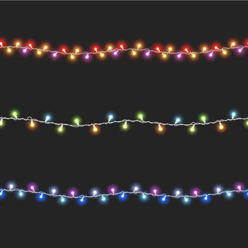 Fairy light 3D set. Led Christmas garland seamless pattern. Realistic color design, isolated black background. Hanging golden decoration neon lamp for New Year Christmas, birthday. Vector illustration