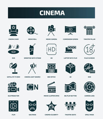 set of 25 filled cinema icons. flat filled icons such as cinema chair, movie roll, theatre pillar, hd, satellite tv dish, 3d, , camera lens, cinema celebrity, theatre seats icons.