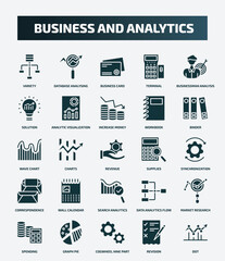 set of 25 filled business and analytics icons. flat filled icons such as variety, database analysing, businessman analysis, increase money, wave chart, supplies, wall calendar, market research,