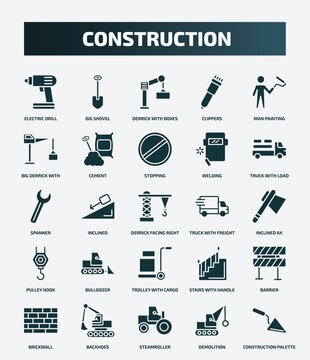set of 25 filled construction icons. flat filled icons such as electric drill, big shovel, man painting, stopping, spanner, truck with freight, bulldozer, barrier, steamroller, demolition icons.