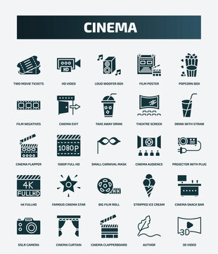 set of 25 filled cinema icons. flat filled icons such as two movie tickets, hd video, popcorn box, take away drink, cinema flapper, cinema audience, famous star, snack bar, clapperboard, author