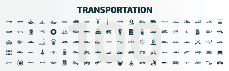set of 100 transportation filled icons set. flat icons such as jumbo jet, ferry boat, dirigible, hydroplane, railway line, cruiser, school bus, train front, boat front view, double decker bus glyph - obrazy, fototapety, plakaty