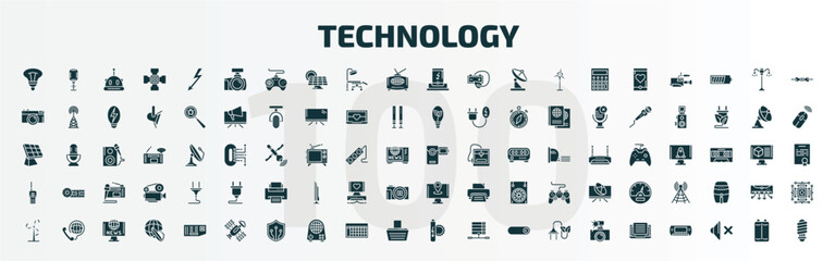 set of 100 technology filled icons set. flat icons such as bulb, cam with big len, dock, little camcorder, big walkie talkie, holiday, wind power, space satellite, solar battery, customs glyph