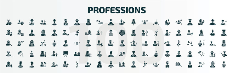 Obraz premium set of 100 professions filled icons set. flat icons such as superhero, doctor, judge, businessman, detective, podiatrist, chemist, plumber, actuary, guide glyph icons.