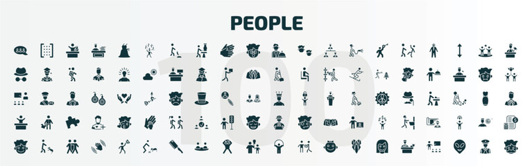 set of 100 people filled icons set. flat icons such as chat group, man partying, waiter working, man with crown, worker success, architech working, happy smile, feeding a dog, playing with a rope,
