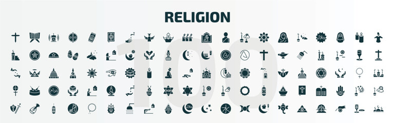 set of 100 religion filled icons set. flat icons such as cross, mushaf, islamic pray, islamic mosque, gticism, zuhr prayer, crusade, lion of judah, star and crescent moon, cao dai glyph icons. - obrazy, fototapety, plakaty