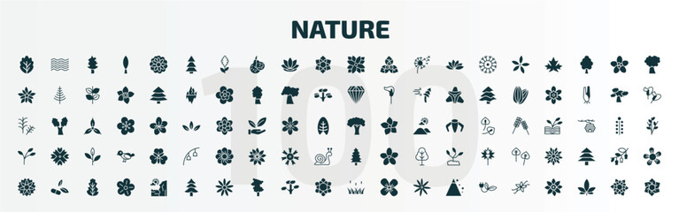 set of 100 nature filled icons set. flat icons such as oak, red pine tree, zinnia, beech, branch, eastern redcedar tree, aster, cedar, reed, vanilla glyph icons.