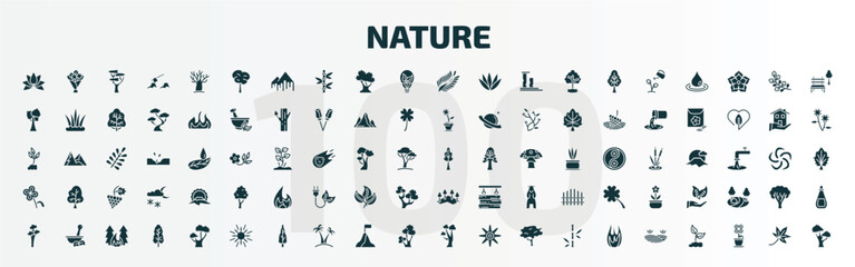set of 100 nature filled icons set. flat icons such as beautiful lotus flower, bigtooth aspen tree, fern, the maples tree, floral decorations, mountains with trees, quaking aspen tree, sun flare,