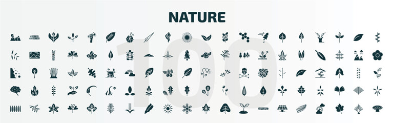 set of 100 nature filled icons set. flat icons such as mountain pse, ovate, apricot leaf leaf, pollen, human brian, obovate, fences, yew leaf, hawthorn pine glyph icons.