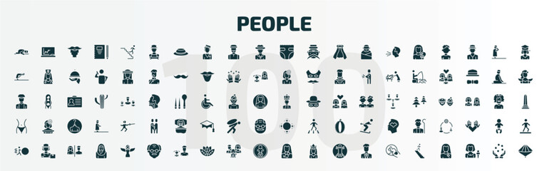set of 100 people filled icons set. flat icons such as sujud, technician, baby diaper, empress, hips, round table, effort, old man, mother and baby, walking downstairs glyph icons.